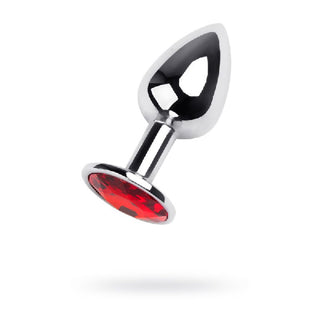 Silver Metal Anal Plug w Red Ruby Gem Small