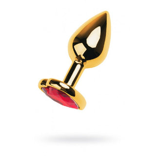 Gold Metal Anal Plug w Red Ruby Heart Crystal Small