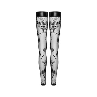 Tulle Stockings w Patterned Flock Embroidery & Power Wetlook Band