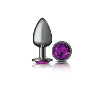 Cheeky Charms Gunmetal Round Butt Plug w Purple Jewel Large