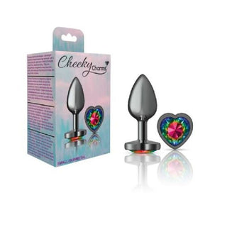 Cheeky Charms Gunmetal  Butt Plug w Heart Rainbow Jewel Small