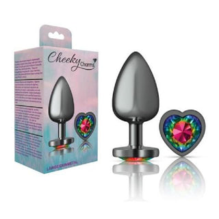 Cheeky Charms Gunmetal  Butt Plug w Heart Rainbow Jewel Large