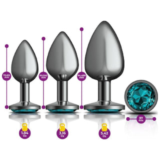 Cheeky Charms Round Metal Butt Plug Gunmetal 3 Pc Kit w Teal Jewel