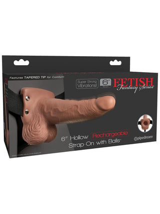 Fetish Fantasy 6 in. Hollow Rechargeable Strap-On with Balls Tan