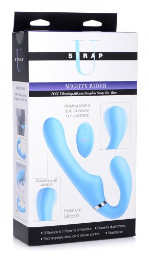 Strap U 10X Mighty Rider Vibrating Silicone Strapless Strap-on - Blue