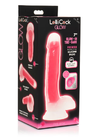 LOLLICOCK 7" GLOW-IN-THE-DARK SILICONE DILDO W/ BALLS PINK