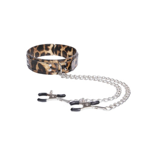 Leopard PU Collar with Nipple Clamps