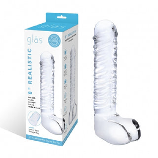 8" Realistic Ribbed Glass G-Spot Dildo With Balls