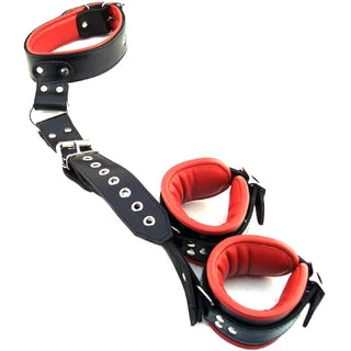 LEATHER NECK TO WRIST RESTRAINT - BLACK/RED