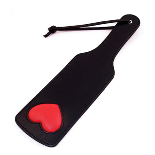 BLACK LEATHER PADDLE WITH RED HEARTS